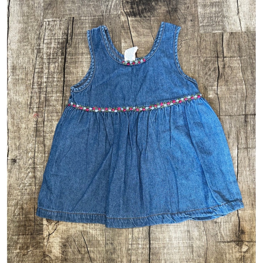 Vintage Baby Denim Floral Embroidered Jumper‎ Dress Blue 24 Months